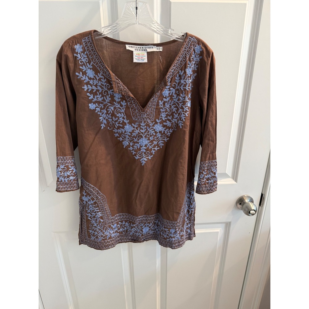 Gretchen Scott Designs Brown Blue Embroidered Cotton Tunic Top Women's Small